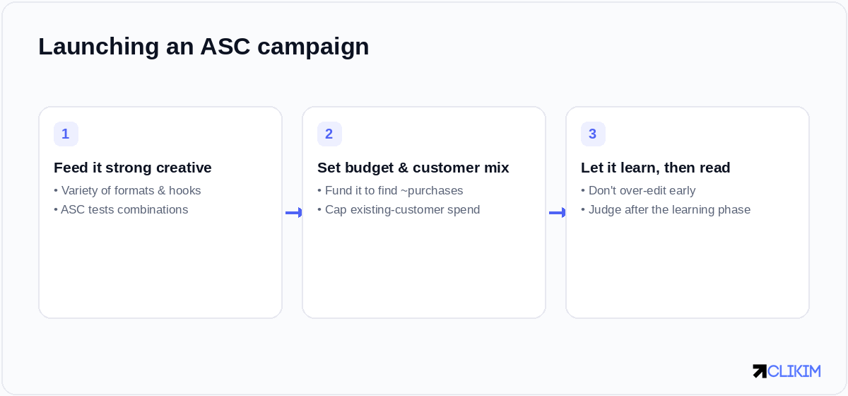 Feed ASC varied creative, set a budget that can find purchases, then let it learn before you judge it.