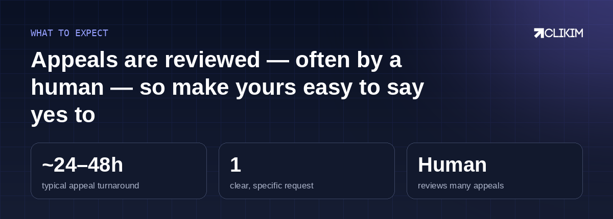 Set expectations: appeals usually turn around in a day or two, and many are seen by a human.