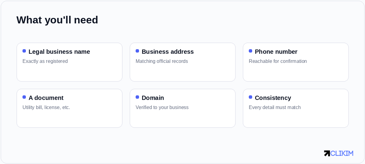 Verification is mostly about consistency — every detail must match your official business records.