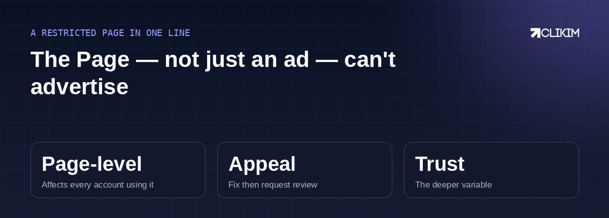 A Page restriction follows the Page everywhere — fix the cause, appeal once, and rebuild on trust if it can't recover.