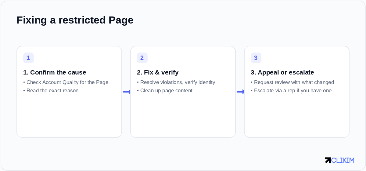Fixing a restricted Page is a sequence: confirm the cause, remediate and verify, then appeal with what changed.