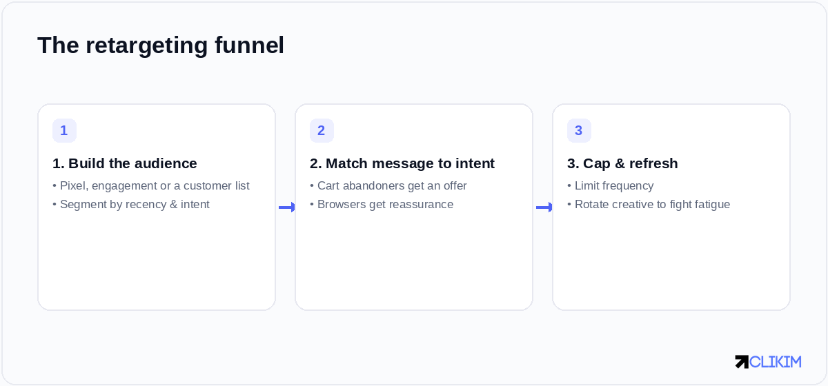 A simple retargeting loop: build the audience, match message to intent, then cap frequency and refresh creative.