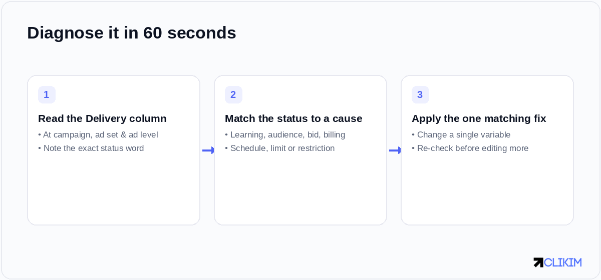 The 60-second diagnosis: read the status, match it to a cause, then change one thing.