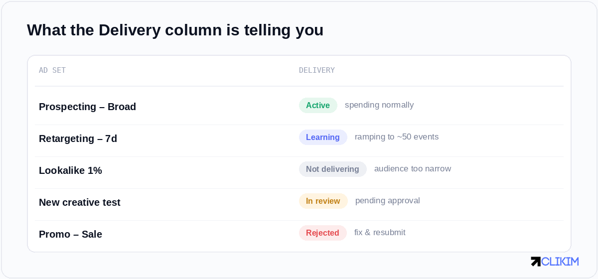 What the Delivery column is telling you — read the status, then match it to a cause below.