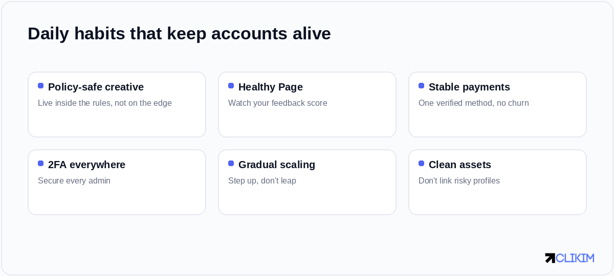 None of these are clever — they're the unglamorous habits that quietly keep accounts out of trouble.