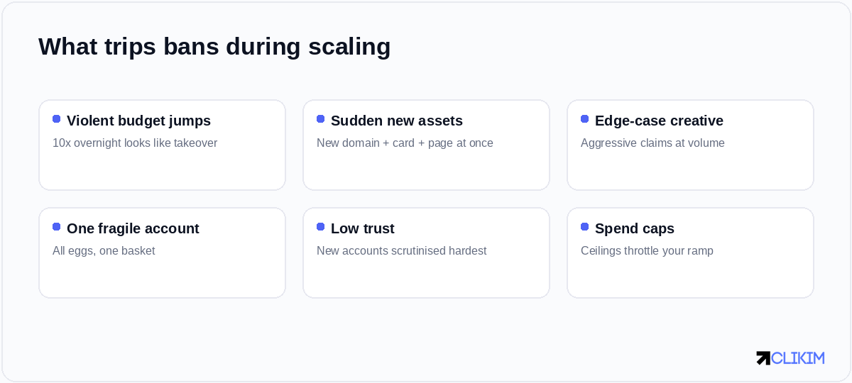 The things that trip bans during scaling are mostly about looking like risk — sudden, dramatic, or fragile.