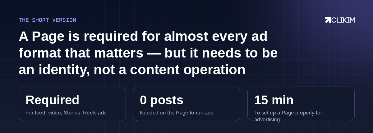 The Page is an ID card, not a media property — set it up once, keep it clean, spend your energy on creative.