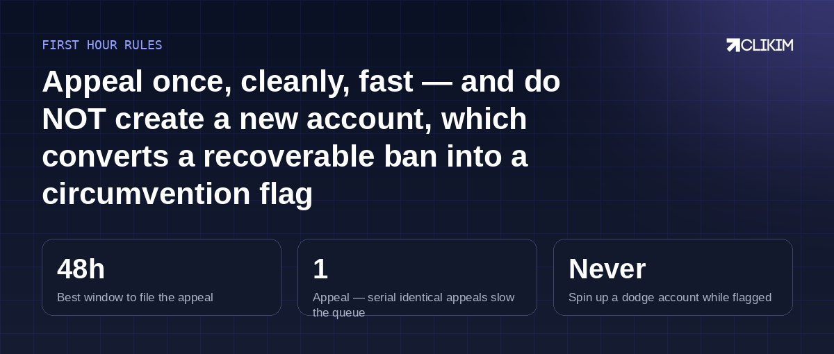 One clean appeal, an honest audit, resilient rails — the sequence that turns a ban into a story instead of a stoppage.