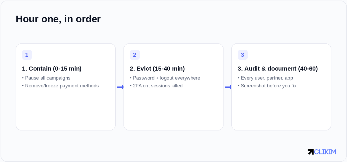 Contain, evict, audit — in that order, with screenshots before every fix.