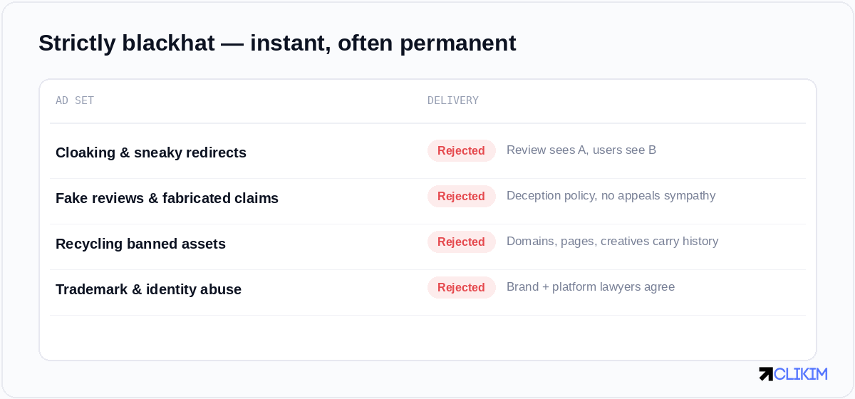 Strictly blackhat Facebook ad tactics that cause instant, often permanent bans: cloaking, sneaky redirects, fake reviews and claims, recycling banned assets, marketing compounded GLP-1 as branded, and trademark or identity abuse