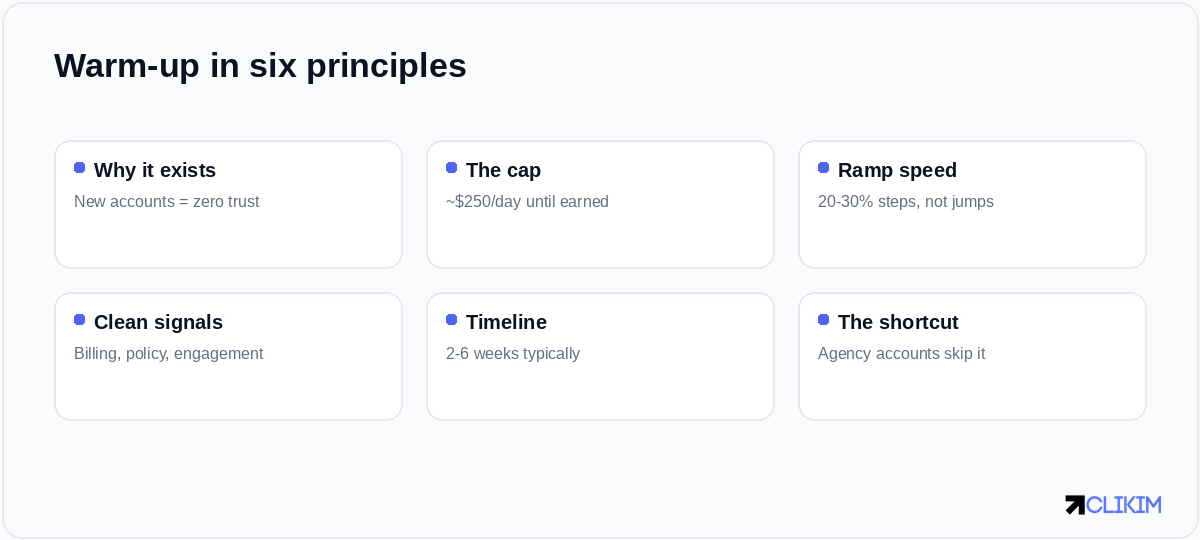 Six principles, one meta-rule: behave like the established business you are, at a verifiable pace.