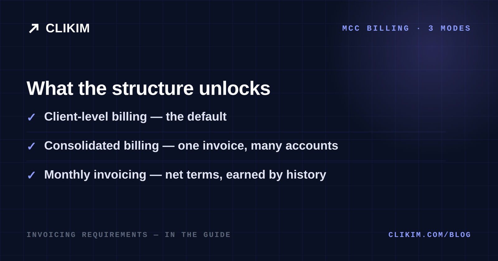The three billing modes a Google MCC unlocks